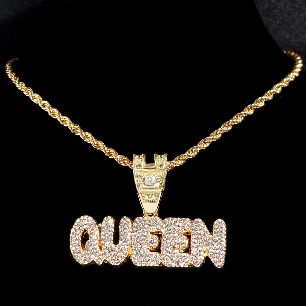 Men Women Hip Hop Bling KING QUEEN Letter Pendant Necklace 13mm Miami Cuban Link Chain Necklaces Iced Out Charm Fashion Jewelry images - 6