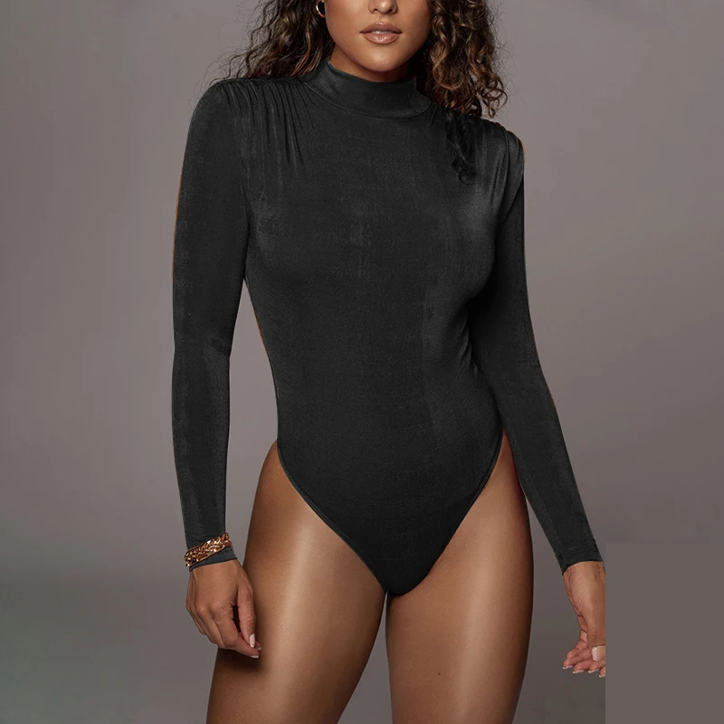 

Sexy Women’s Casual Long Sleeve Bodysuit Fashion Solid Color Half High Collar Tight Jumpsuit for Autumn