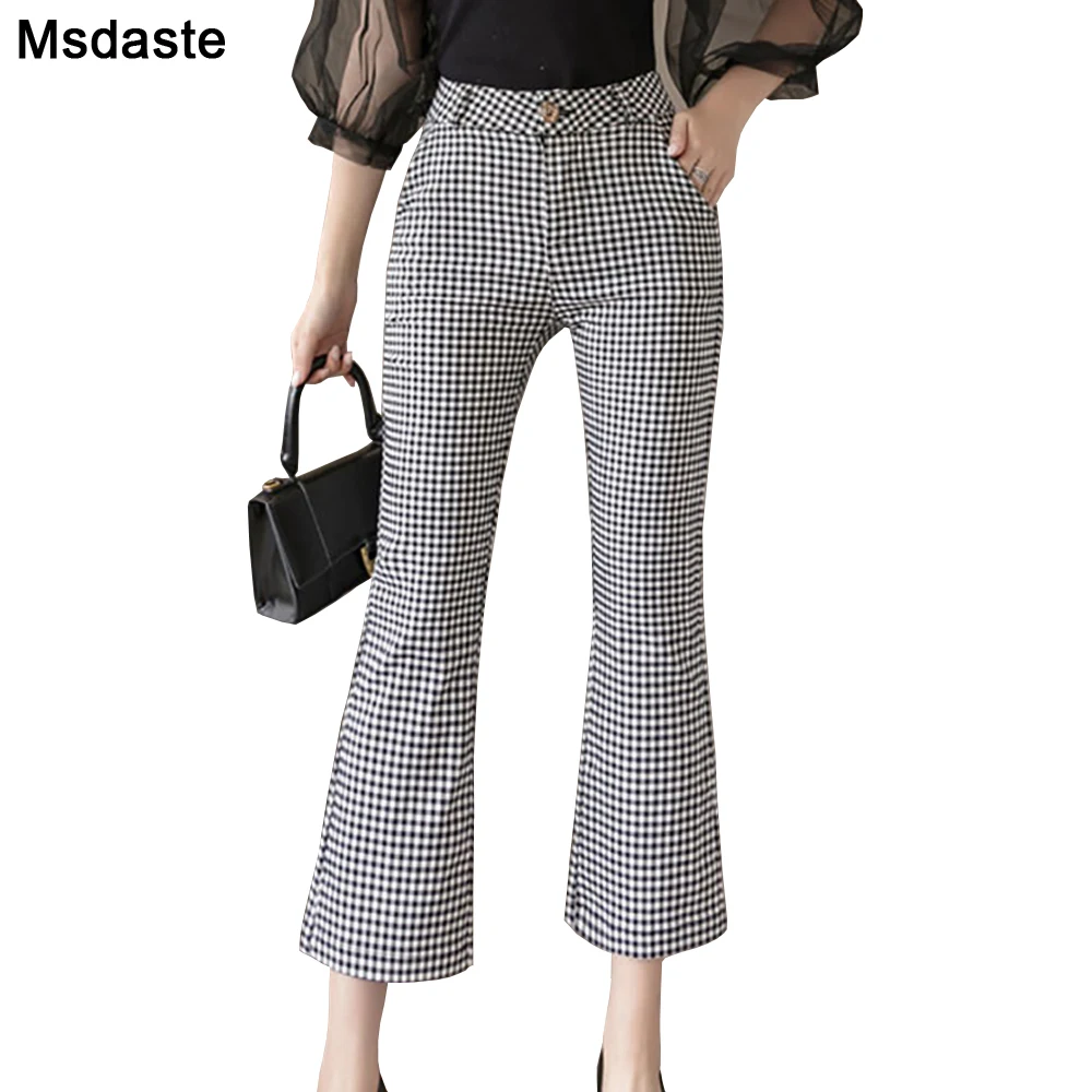 

Summer Wear Calf-length Pants For Women Slim Plaid Lady Trousers Female Korean Style Casual Wide Leg High Waist Cropped Pants