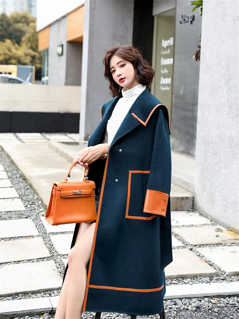 

Contrasting Color Woolen Coat Women's Mid-Length 2020 Autumn New Hepburn Style Fashion Trend Navy Collar Jacket Windbreaker y455