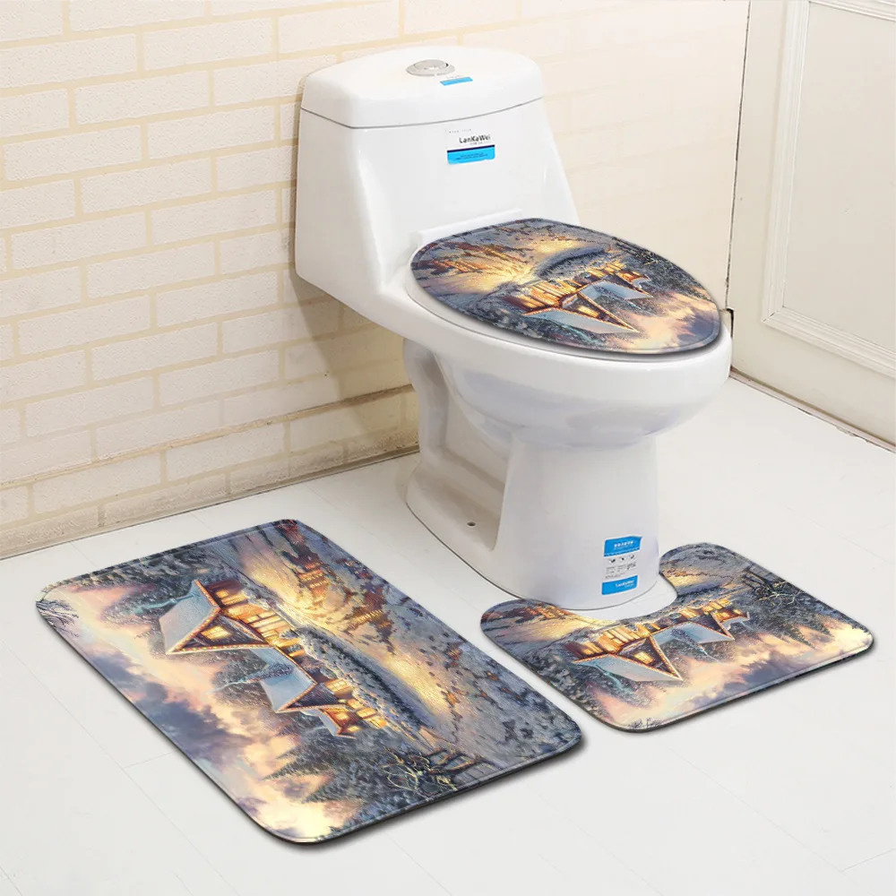 

Merry Christmas Toilet Seat Cover Water Absorption 3Pcs Set Carpets Decoration Printing Rug Home Bath Anti-Slip Floor Mat Custom
