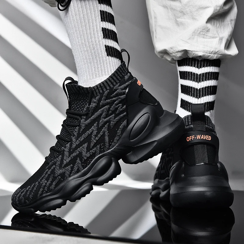 

High-top Running Shoes for Men Rubber-soled High-elastic Sock Sneakers Korean Version Comfortable Lightweight Cushioning Shoes