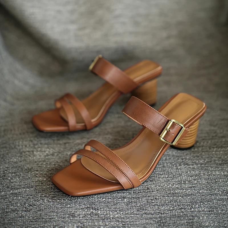 

Genuine leather Women Mules Shoes Summer Newest high Heels Sandals For Women 2021 Fashion Party casual Shoes Woman