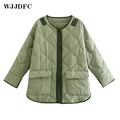 Парка WJJDFC Женская болотная зимняя стеганая зеленая короткая Повседневная однобортная куртка с длинным рукавом и карманами с изогнутым подолом - фото