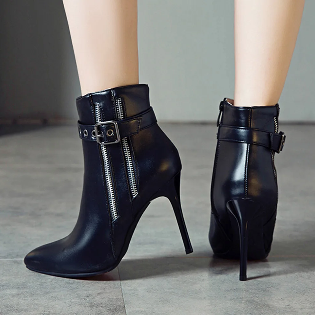 Белый Туфли на высоком каблуке с пряжкой ремешке Сапоги молнии Женские модные