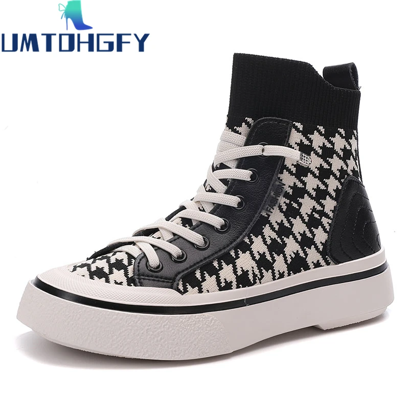 

Women's Sneakers Boots 2021 Martin Thick-soled Ankle Board Shoes Fashion Girls Student Breathable Houndstooth Spring Autumn