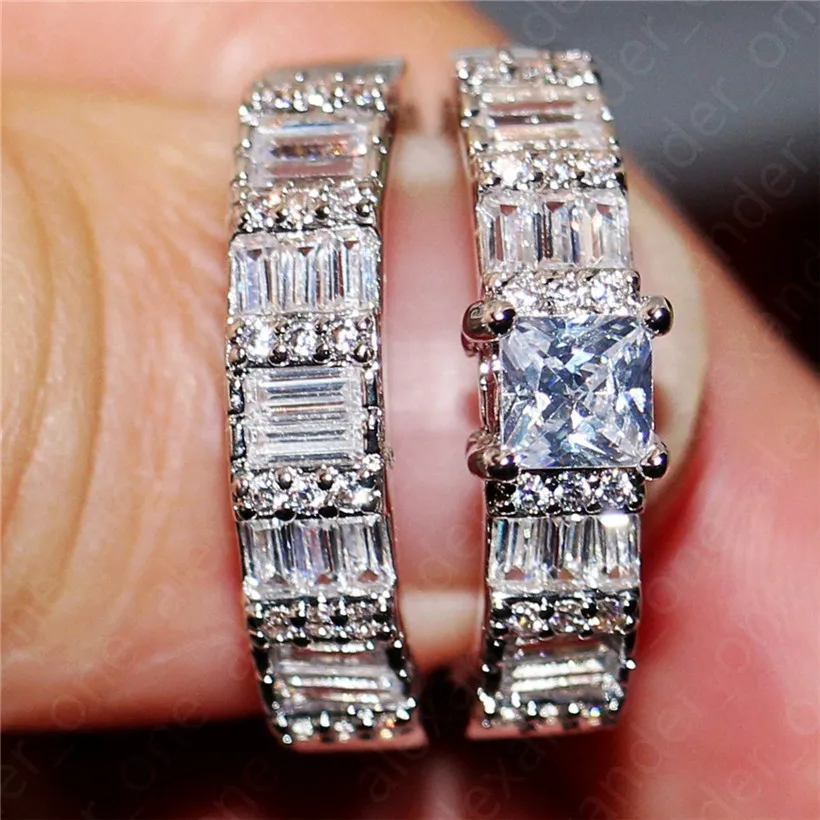 

Fashion Princess-cut Square white topaz Ring Set 2-in-1 Lady's 10KT White gold Wedding Anniversary Rings for women jewelry