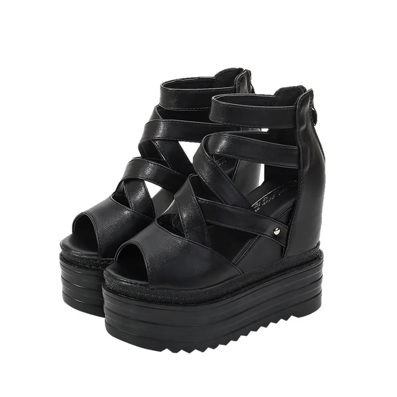 

2020 model wedge heel platform fashion nightclub increase women's sandals wild cross strap platform shoes 13cm hate the sky
