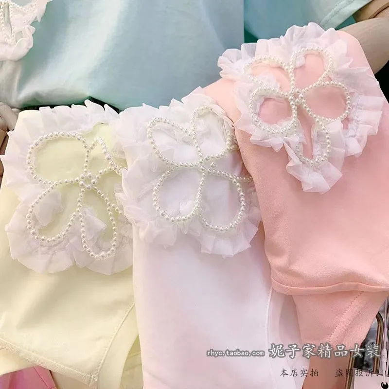 

2121 New Summer Handmade Flower Beaded Round Neck Ladies Tees Fashion Sweet Short Sleeve Women T-shirt White Pullover Tops