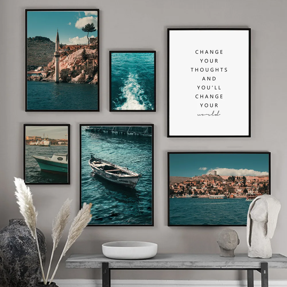 

Blue Seawater Boat Observation Tower Wall Art Canvas Painting Nordic Posters and Prints Wall Pictures for Living Room Home Decor