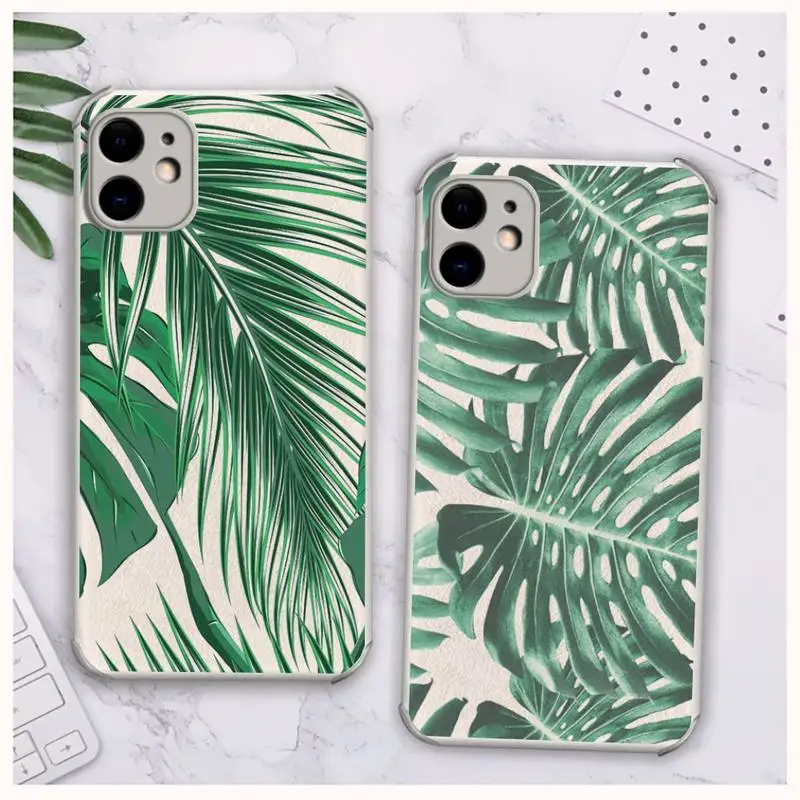 

green leaf Phone Case Lambskin Leather For iphone 12 11 8 7 6 XR X XS PLUS MINI PLUS PRO MAX Shockproof