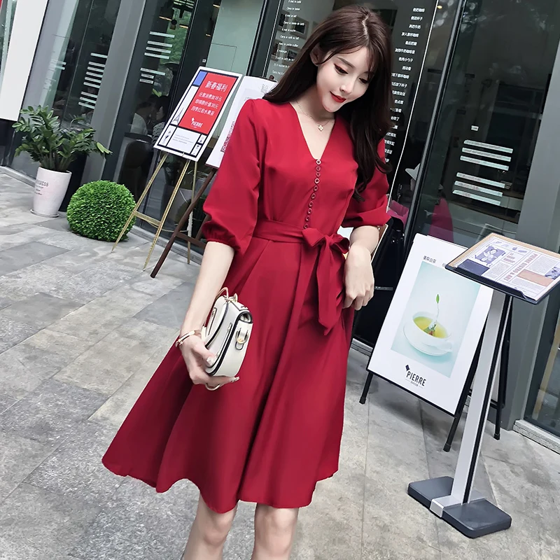 2020 The New Spring Women Bohemian Dress V-Neck Vintage Korean Fashion Elegant Ladies Party Casual Sexy Red Maxi Clothes | Женская