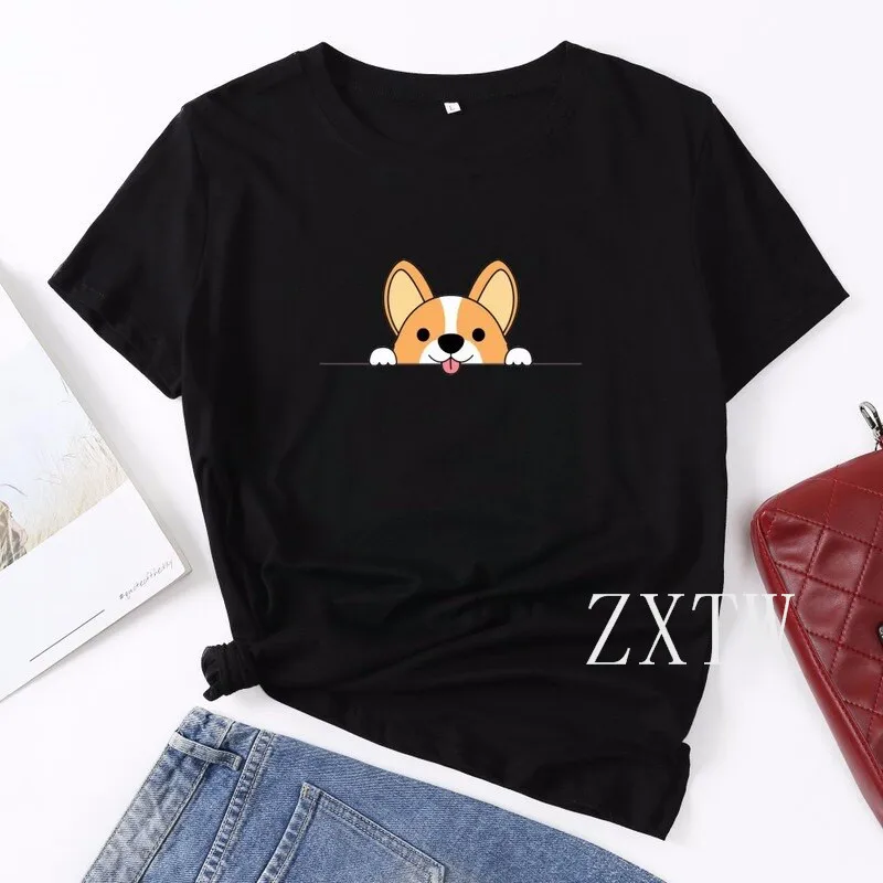 Забавные корги футболка с собачкой для женщин Kawaii Harajuku рисунком на рост от 90s