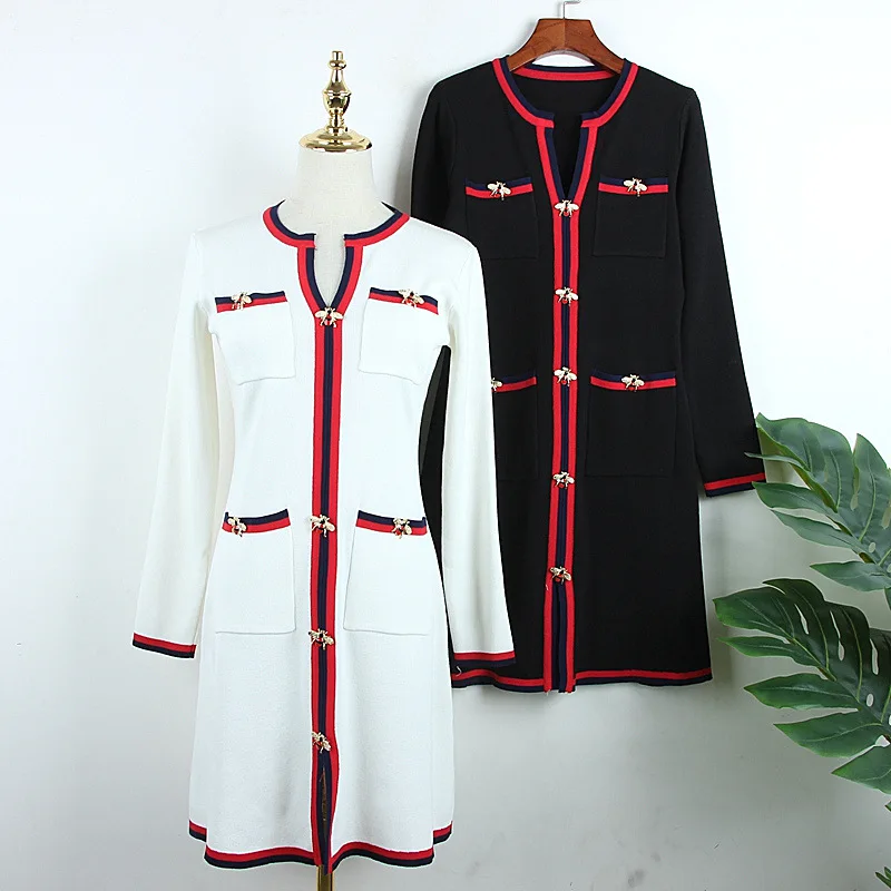 Женское трикотажное платье-свитер с длинным рукавом и бусинами Белое черное 2019 |