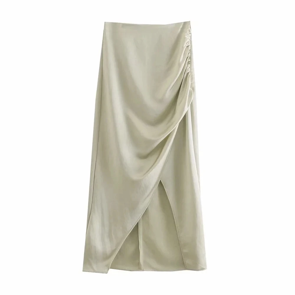 

Женская атласная юбка с разрезом Za, элегантная вечерняя плиссированная юбка миди с запахом, оборками и завышенной талией, шелковая юбка на м...