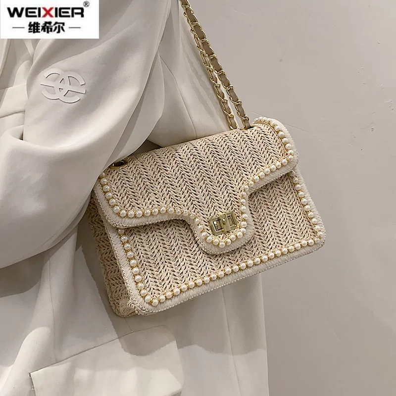 

Weave Square Crossbody bag 2021 Summer New High-quality Straw Women's Designer Handbag Pearl Chain Shoulder Messenger Bag Purses