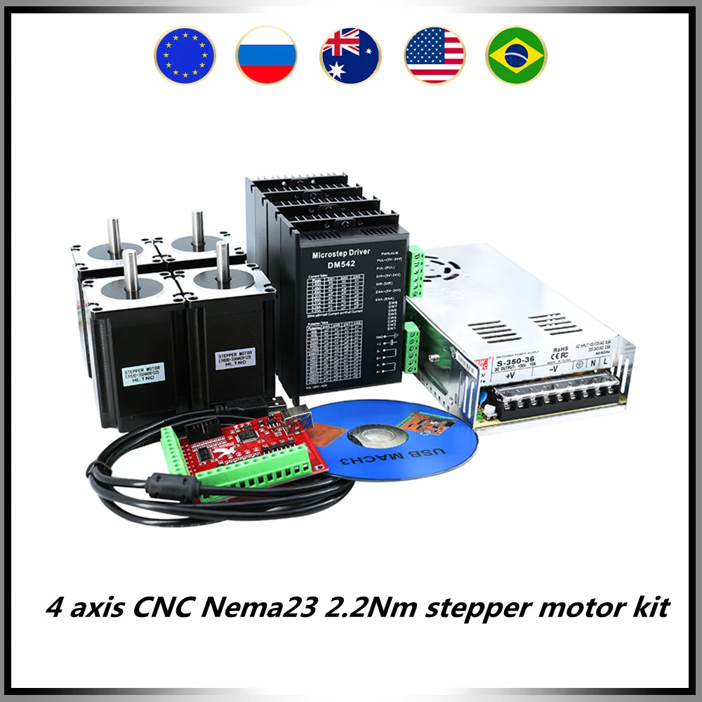 4 axis CNC Nema23 57 stepper motor kit include 4 pcs 2.2Nm 3A motor +4 pcs drivers + 1 pcs 350w36v power supply + MACH3 card