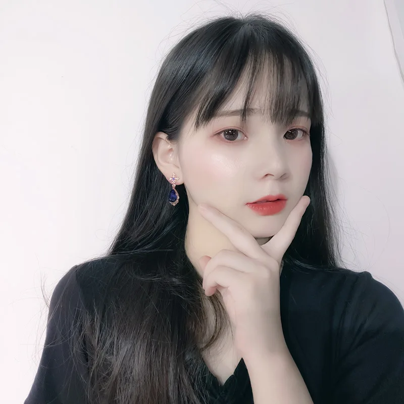 Модные женские висячие серьги с кристаллами в виде капли воды стиле ретро синими