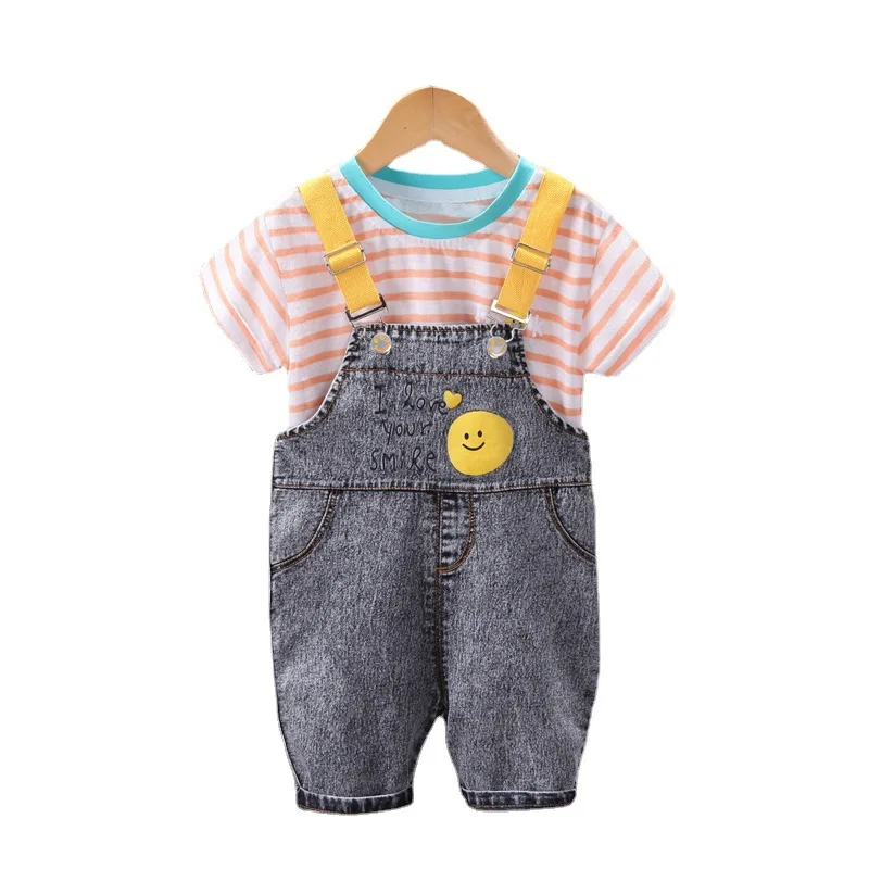 

Baby Boys Girls Clothing Sets Summer Infant Casual Clothes Cartoon Stripe T Shirt Denim Shorts Kids Children Outfit