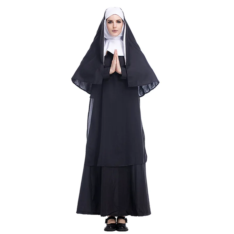 

Virgin Mary Nuns Costumes for Women Sexy Long Black The Conjuring Evil Nuns Costume Arabic Religion Monk Ghost Uniform Halloween