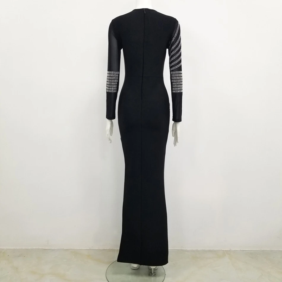 

2021 Summer New Women'S Black Long-Sleeved O-Neck Split Diamond Bandage Long Dress Bodycon Sexy Nightclub Party Dress Vestidos
