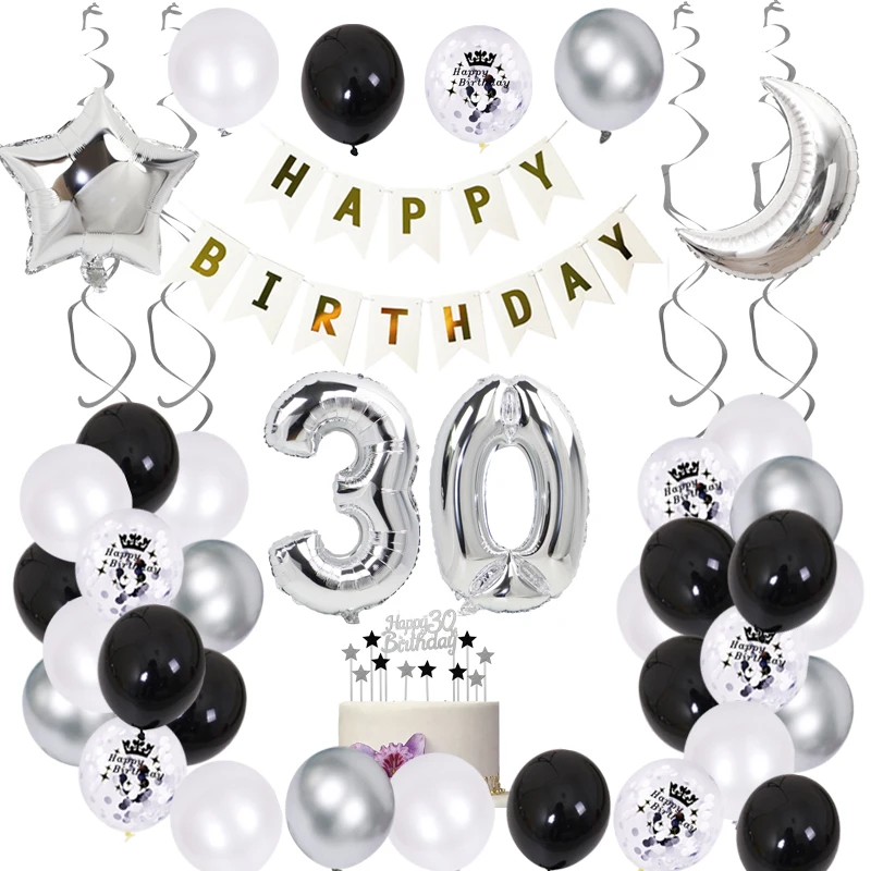 

Silver 18 30 40 50th Birthday Party Decorations Adult Set Banner Cake Topper Anniversary Years Birthday Party Balloon Supplies