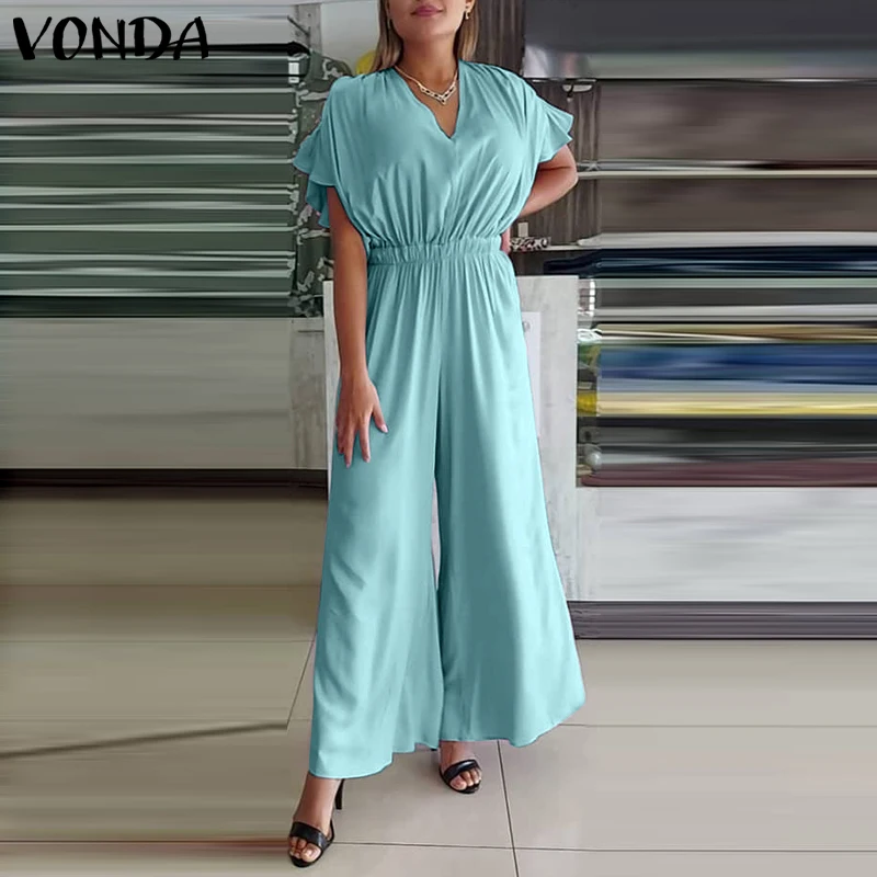 

Свободные Комбинезоны 2021 VONDA, Женские однотонные широкие брюки с расклешенным рукавом, пикантные Плиссированные Длинные Комбинезоны с V-обр...
