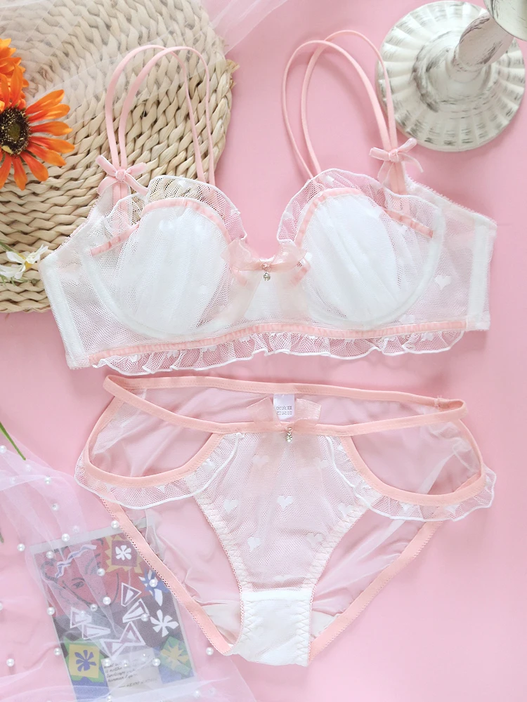 White Lolita Love Mesh Sweet Cute Bow Push Up Underwire Soft Girl Intimates Set Sexy Women's Lace Bra & Panties Underwear Set