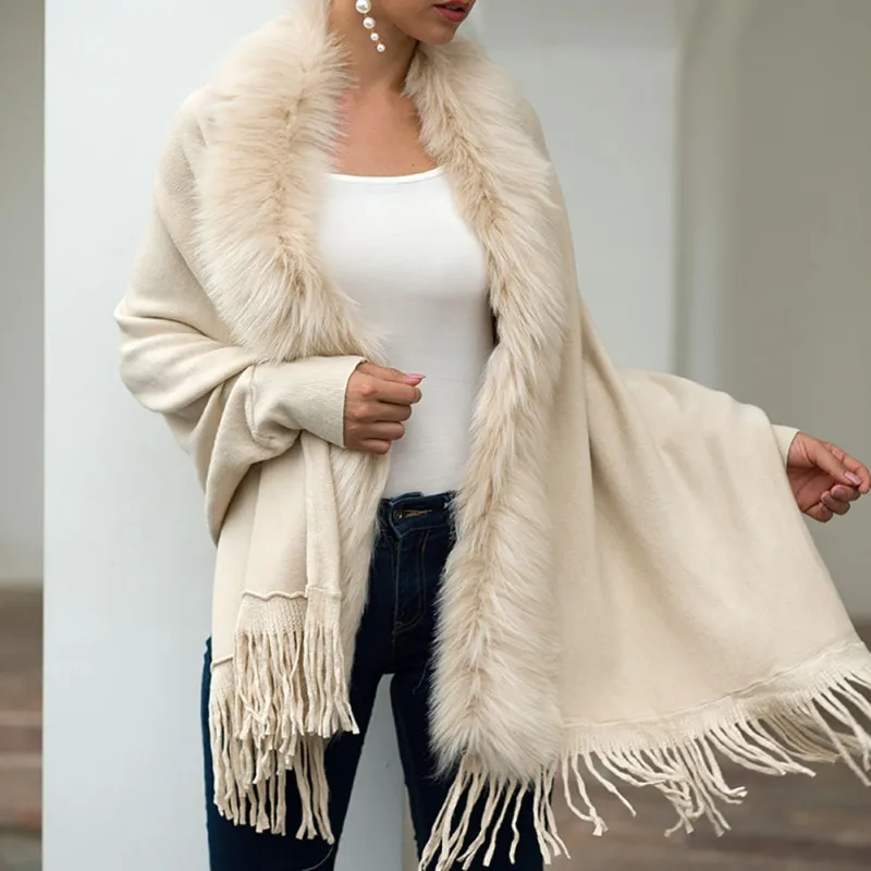 

Ladies Elegant Fake Fox Fur Collar Cashmere Sweater Cloak Long Thick Knitted Tassel Long Cloak Coat Cloak Cardigan
