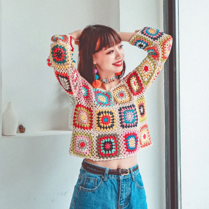 

Autumn and winter new women's Korean version ins retro ethnic rainbow color square crochet long-sleeved sweater hollow top
