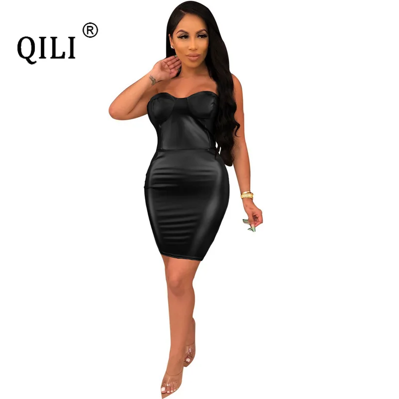 

QILI Women Sexy Strapless PU Dress Black and Burgundy Leather Sleeveless Short Wrap Mini Party Club Dress