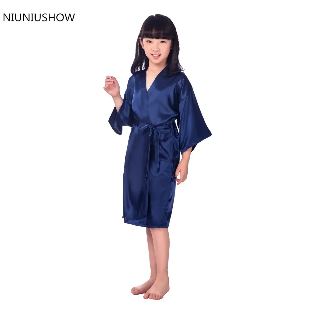 Темно синяя Пижама для детей Летнее шелковое японское кимоно однотонный халат