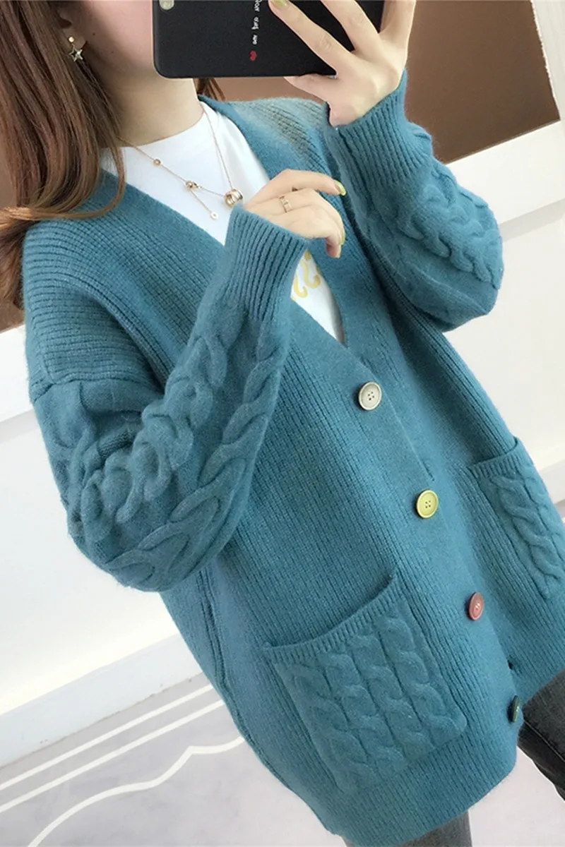 

2020 Autumn Winter Knitted Cardigans Women Korean Loose V Neck Drop Shoulder Solid Color Single Breasted Chic Sweater for Female