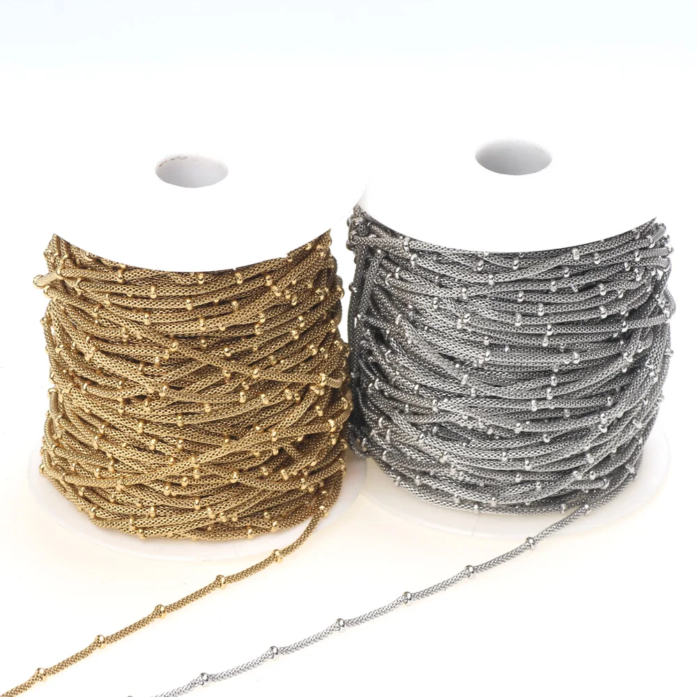 

High Quality 2M/Lot Stainless Steel Chain Plating True Gold Beaded Satellite Cable Link DIY Necklaces Bracelet Jewelry Making