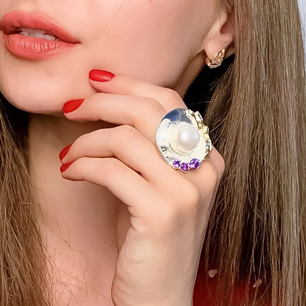 Лучший подарок большой круглый лист дизайн кольцо 14 мм белый жемчуг/фиолетовый CZ