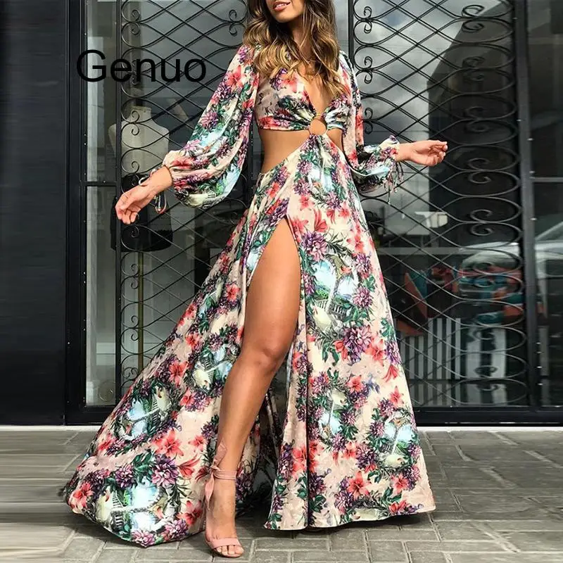 

Women Summer Fall Floral Print Cutout Thigh Slit Maxi Dress Holiday Vocation Boho Beach Long Dress Sexy Backless Party Vestidos