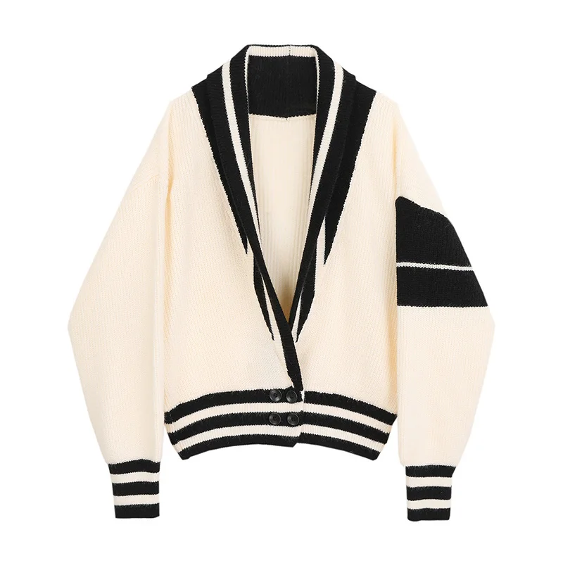 

Chic Striped Loose Knitted Coat Women England Style Patchwork Jacket Women Autumn Retro V Neck Long Sleeve Sweater Women Cloth