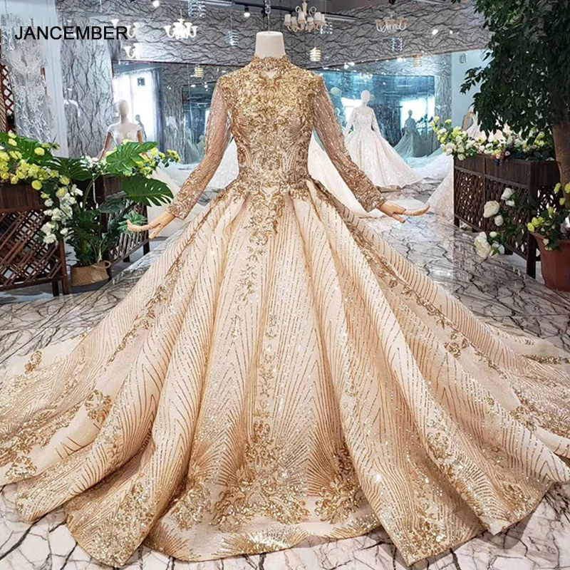 Роскошное мусульманское свадебное платье LS20470 с высоким воротником и блестками