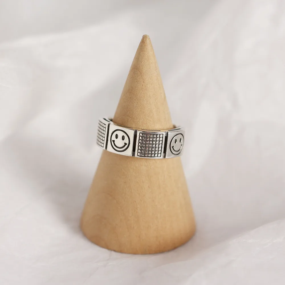 

Amazon Hot Selling Vintage Sterlling Silver 925 Open Finger Rings for Women Happy Smiling Face Adjustable Fine Jewelry Girl Gift
