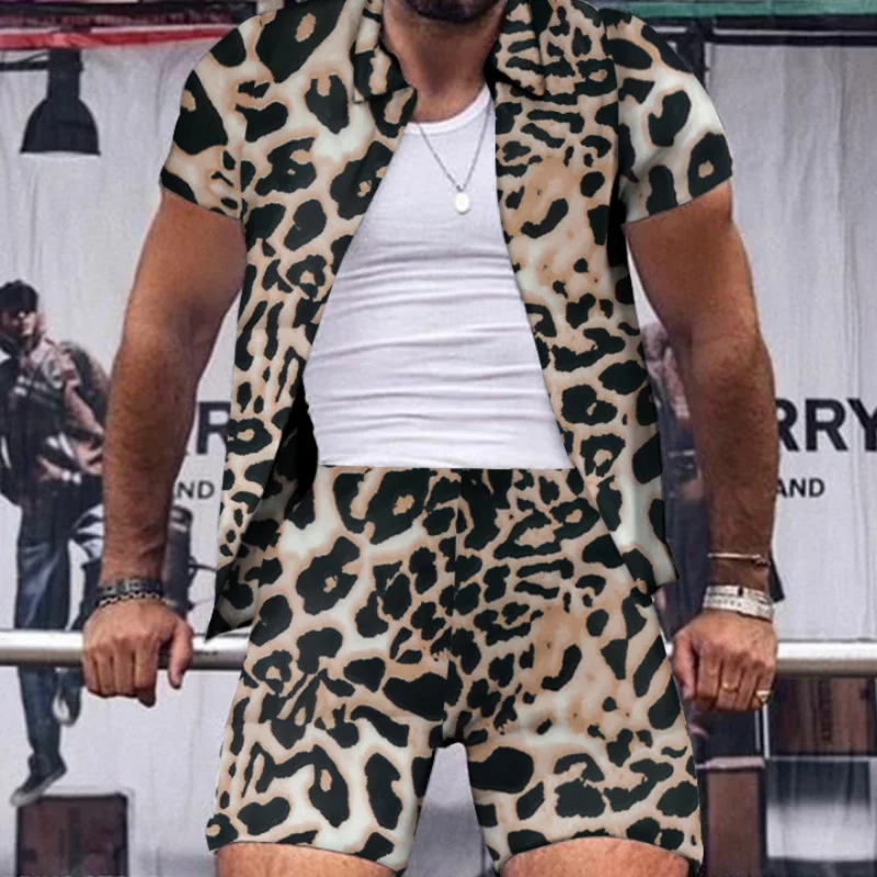 

Mens Sets Leopard Printing Summer Men Clothing Short Sleeve Shirt + Shorts Suits Fashion Streetwear Beach Two Pieces Set MY466