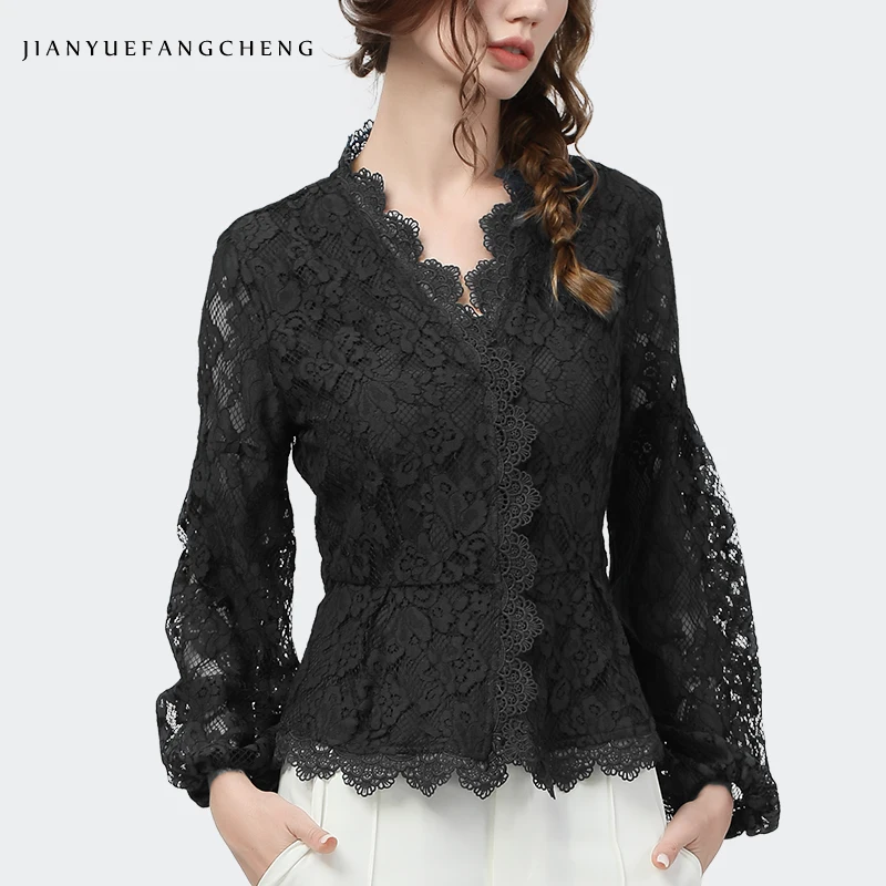 Women Lace Blouses Close-fitting Tops Long Sleeve V-Neck Hollow Out Hook Floral Solid Color Elegant Vintage Ladies Casual Shirts | Женская
