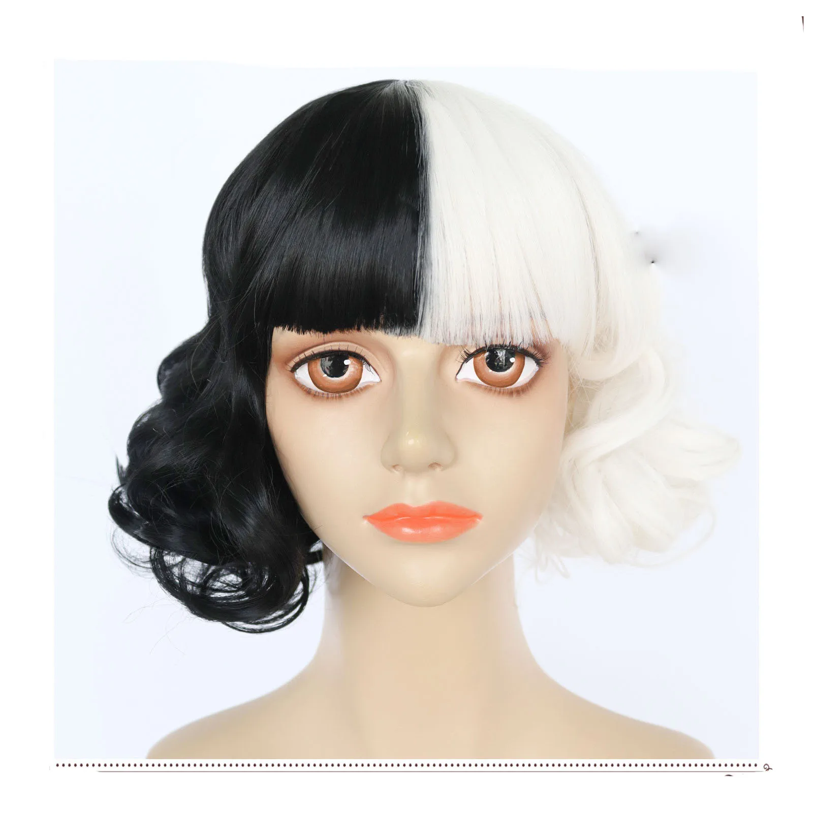 Movie Cosplay Cruella de Vil Cosplay Cruella Wig Emma Stone Short Black White and Black Brown Curly Hair Wigs Cosplay Costume images - 6