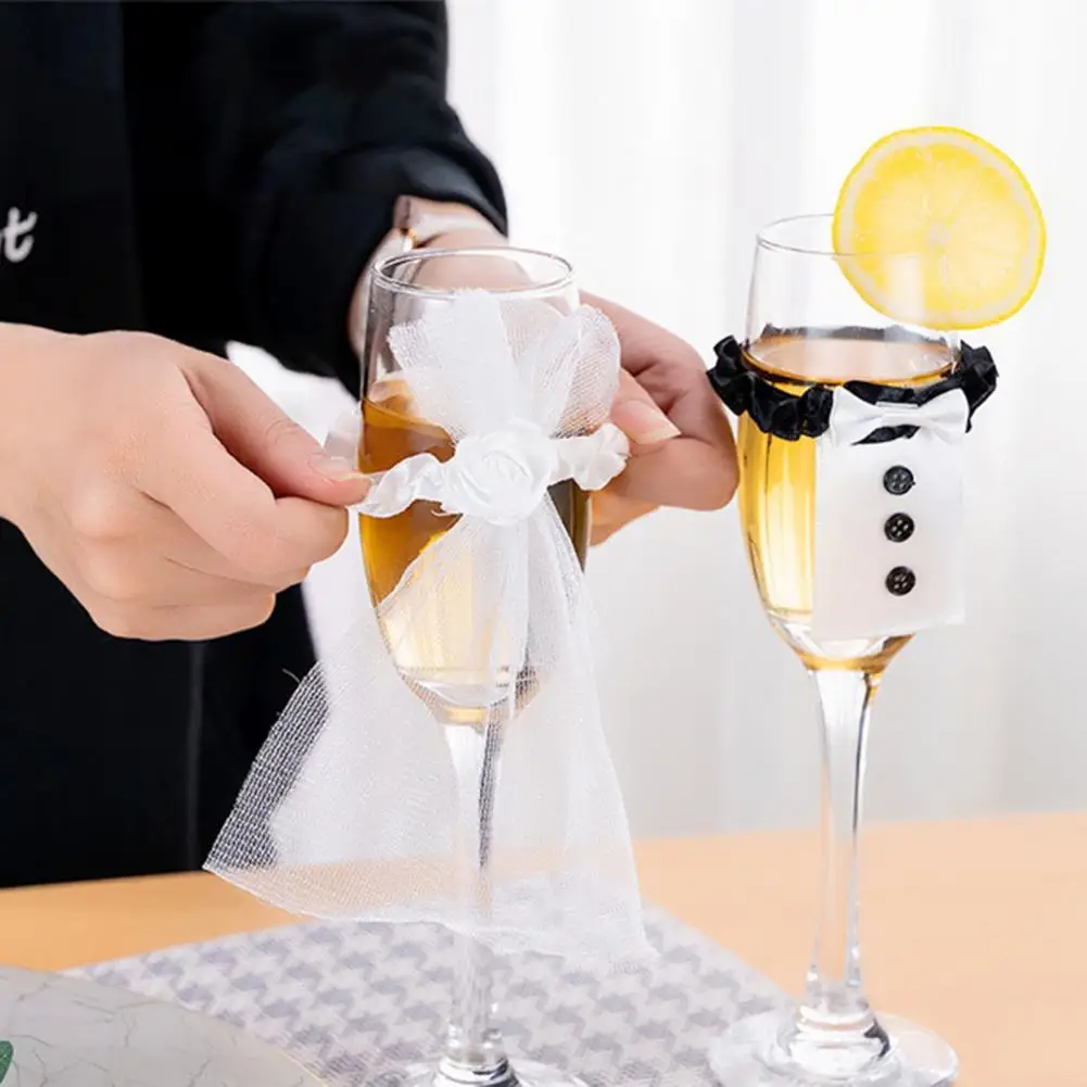 

2 Pair Creative Wedding Dress Shape Wine Cup Cover Handmade Festive Touch Fabric Wine Glass Cover for Home