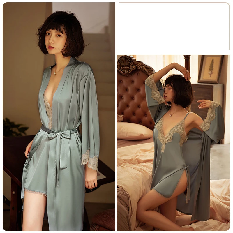 

Women's Fashion Simulation Silk Lace Sexy Thin Lace-Up Nightgown Bathrobe Women's Homewear Pajamas Set