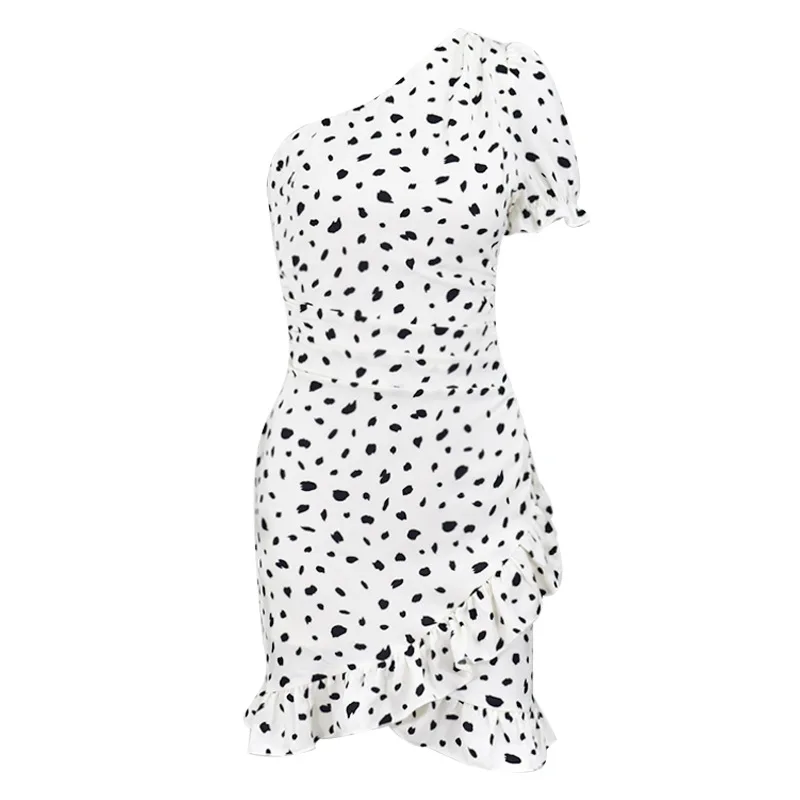 

Spring/Summer One-shoulder Small Fresh Leopard Print Fashion Ruffled Polka-dot Pleated Skirt Simple Street Beauty Casual Dress