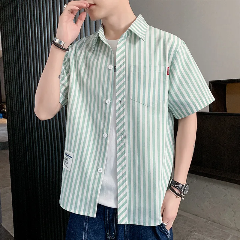 

In the summer of 2021 men han edition ins the new port FengRi loose off fashionable stripe shirts with short sleeves