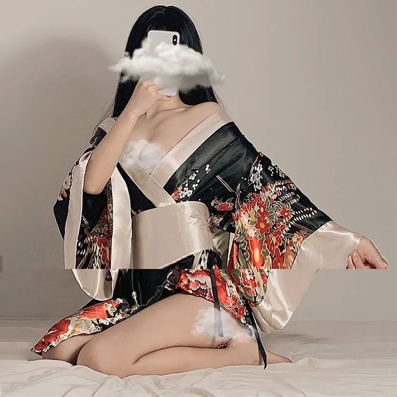 

Japanese Kimono Dress Deep V Print Sexy Suit Sexy Lingerie Women'S Uniform Temptation Sleepwear Traditional Geisha Robe FF3393