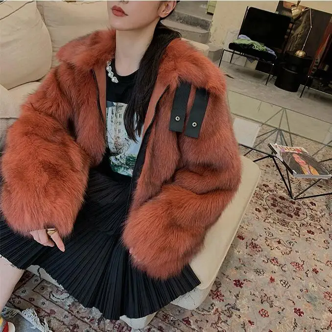 caramel color Осенне-зимняя женская шуба из натурального Лисьего меха, модная женская куртка с отворотом из натурального меха, толстая верхняя одежда - Цвет: caramel color