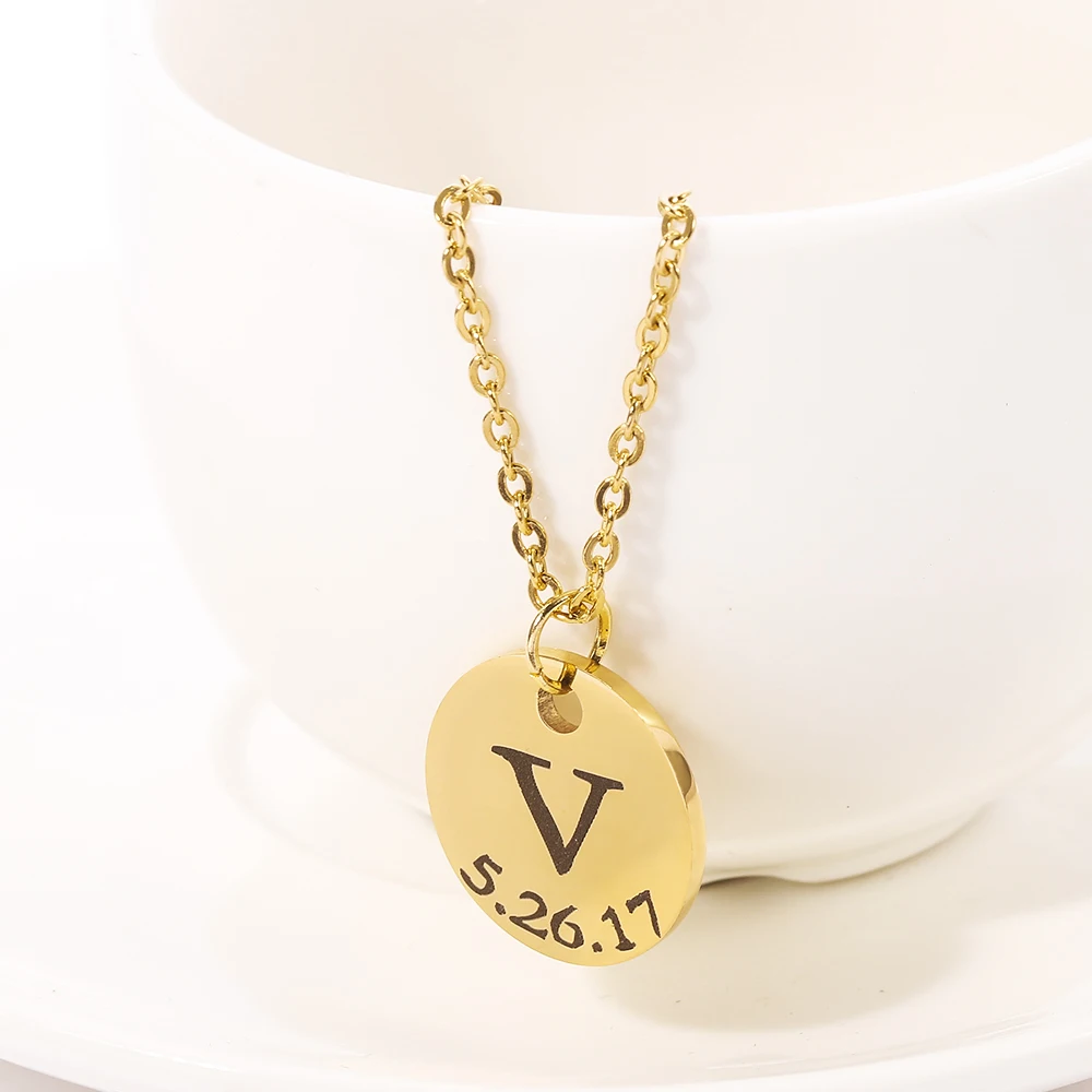 Custom Engraving letter Necklaces Stainless Steel Personalized nameplate Logo round Info Coin for Women Man Mom Gifts | Украшения и