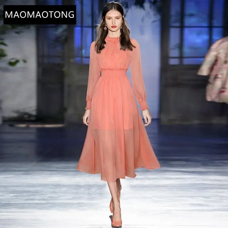 

Designer Dress Autumn Women's Dress Lantern Sleeve Elastic Waist Solid Holiday Elegant Midi Dress